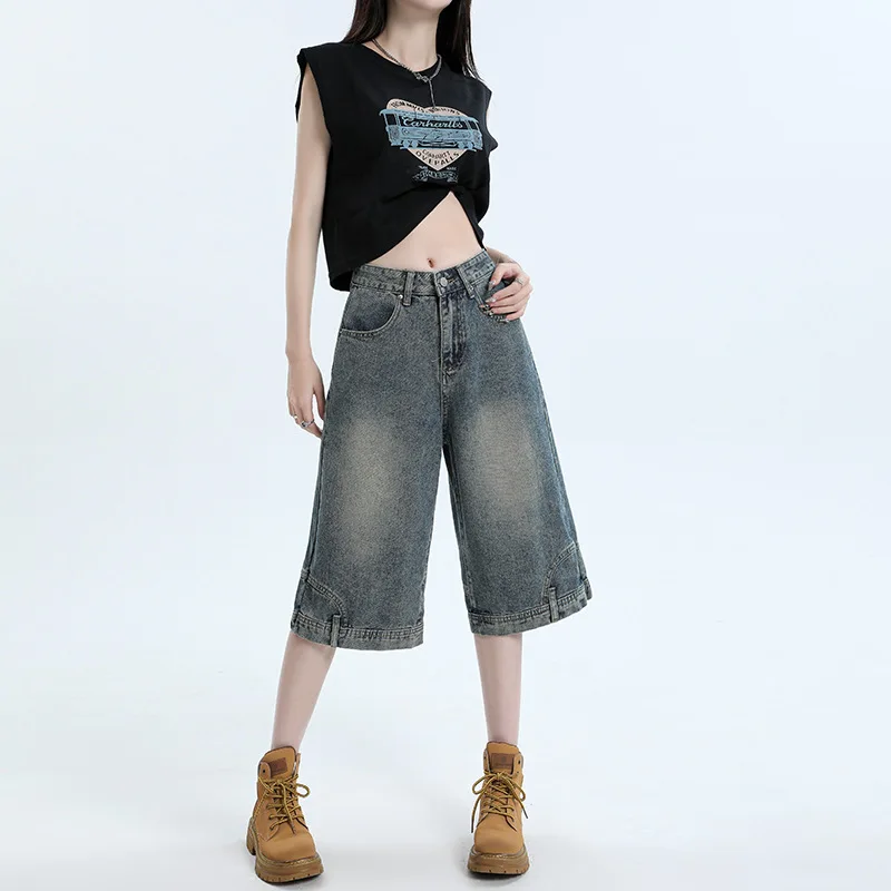

Washed To Make Old Straight Leg Denim Shorts, Women's New Summer High-waisted Loose American Casual Mid-length Jeans Streetwear