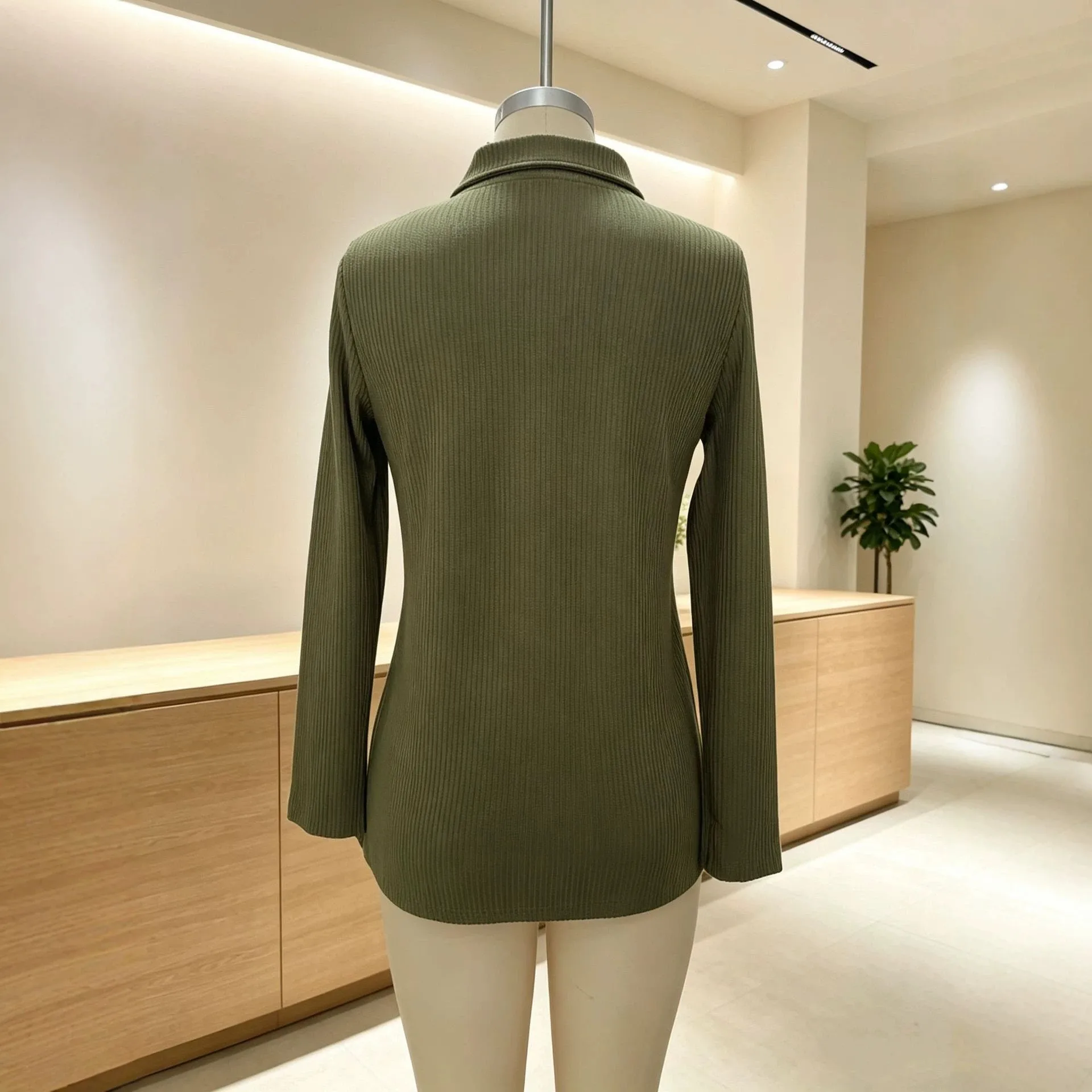Women's New Style High-End Collared Top with Half-Zip, Long Sleeves, Vertical Ribbed, Loose Casual Knit Sweater