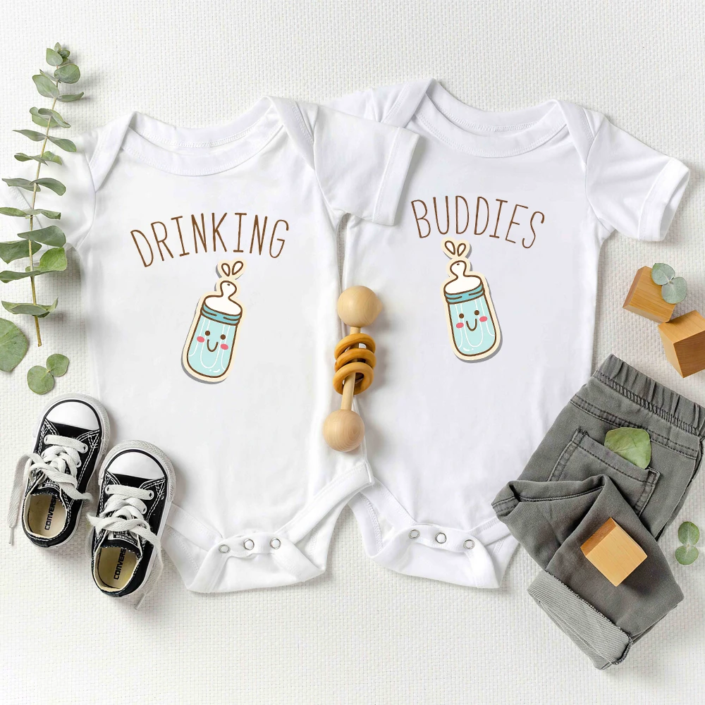 

Drinking Buddies Twin Baby Onesies Funny Creative New Cute Newborn Boys Girls Clothes Cartoon Summer Cotton Infant Rompers