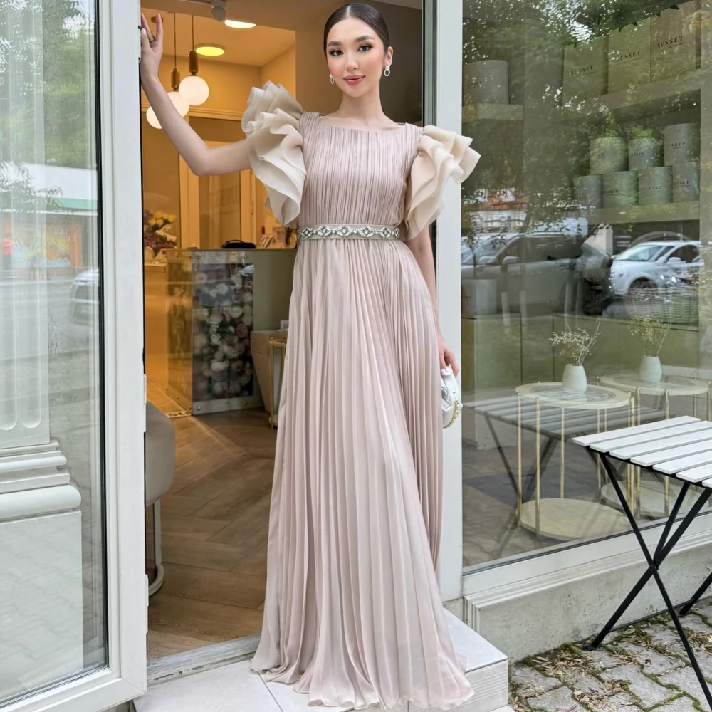 

Exquisite Chiffon Sash Ruched Rhinestone Ruffle A-line O-Neck Long Dresses Prom Dresses Modern Style Chinese Style Fashion