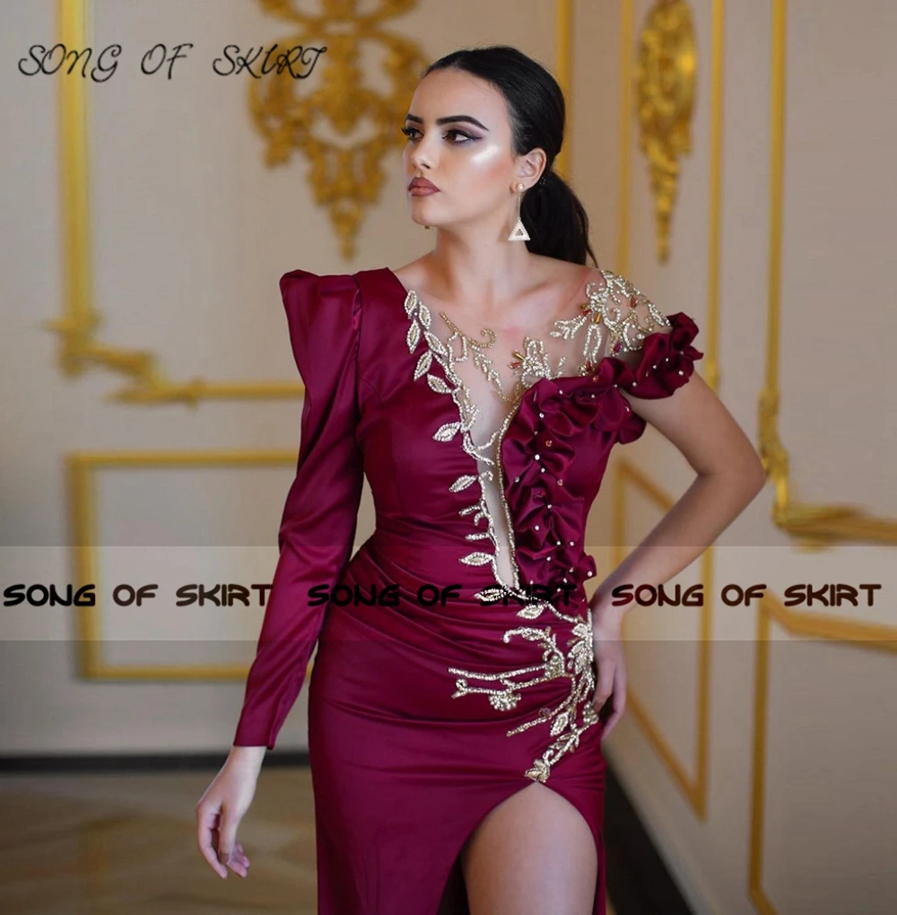 Robe De Soirée De forme sirène en Satin, tenue De Soirée De standing, style marocain, asymétrique, épaule dénudée, bourgogne, perles, magnifique