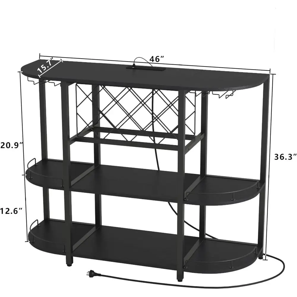 Black 3-Tier Coffee Table with Wine Rack, Power Socket, and LED Light for Home Bar and Kitchen Storage view 2