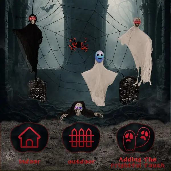 Set di decorazioni per Halloween da esterno da 8 pezzi con occhi luminosi a LED - Include 3 fantasmi oscillanti, 2 lapidi, scheletro strisciante,