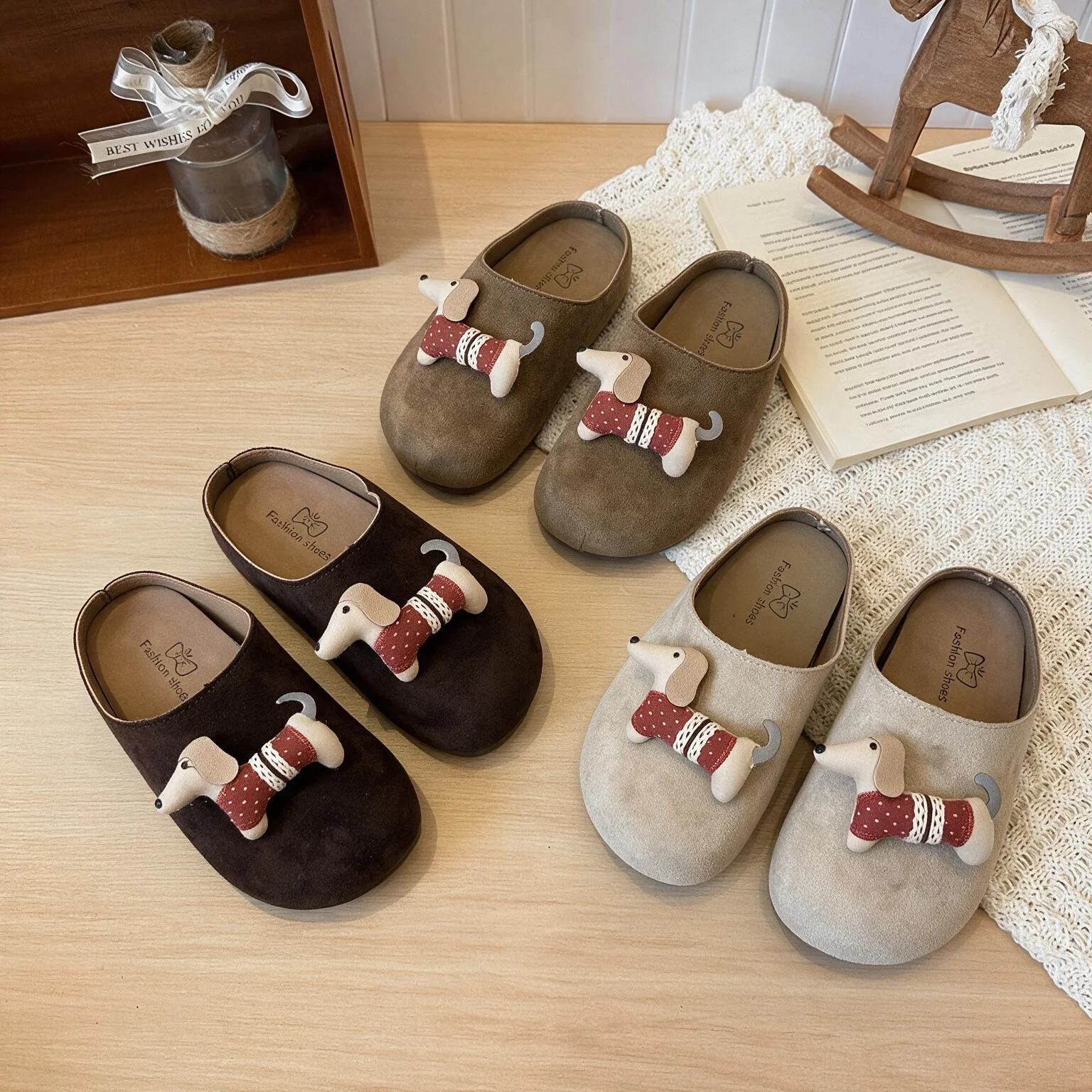 Autumn Children Faux Suede with Puppy Boys Fashion Leather Mules House Shoes New Girl Outdoor Soft Sole Comfortable Potato Shoes