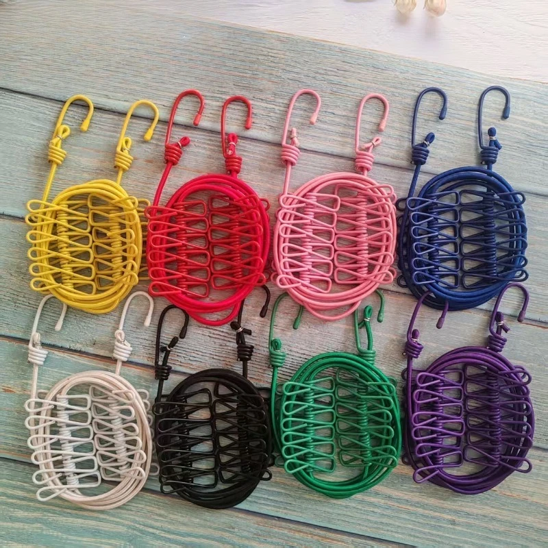 

1pc Portable Clothesline With 12 Clips Polychrome Outdoor No Punching Required Travel Camp Retractable Clothes Rope Drying Rack