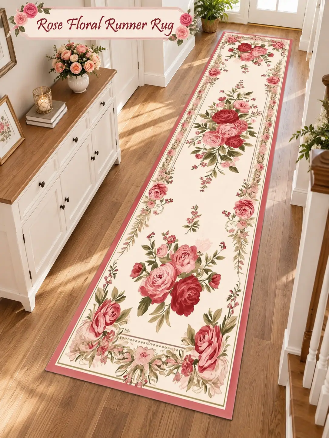 Rose Bouquet Aisle Runners Long Carpet Runner Rugs Hallway Entryway Bedroom Kitchen Floor Decor Apartment Home Furnishing Laundry Room Makeover Beside Beds Christmas Birthday Anniversary Housewarming Gifts for Family and Friends Who Love Flowers