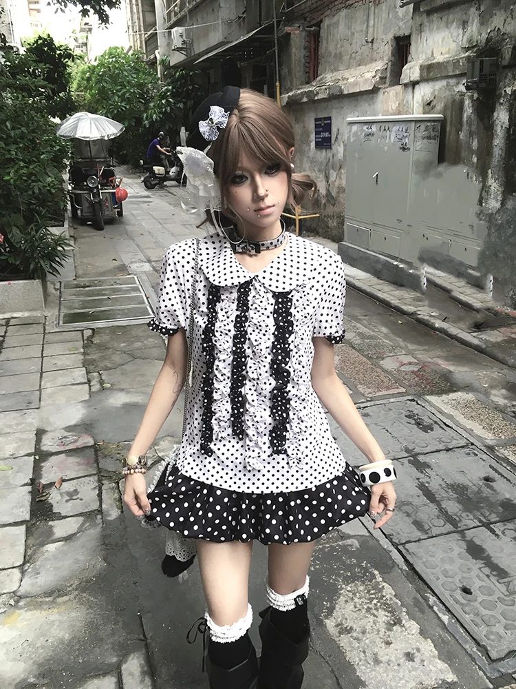 Unique Design Bubble Pineapple Oil Women's Shirt Cultural Sub-Street Style Doll Collar Checkered Pattern Short Sleeve Top