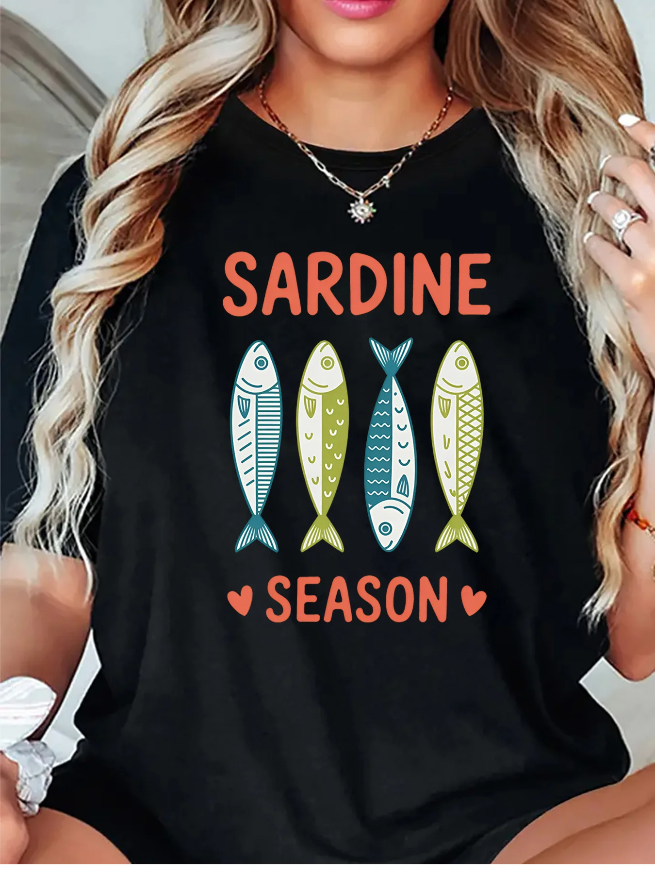 Sardine Season Four Colorful Sardine Fish Heart Graphic Womens T Shirt Short Sleeve Crew Neck Sea Food Casual Ladies Tee Tops