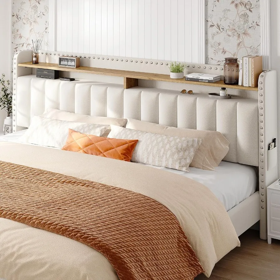 King Size Bed Frame with Upholstered Design and 2 Storage Drawers Vertical Tufted Headboard for Extra Storage Space in Bedroom image 5