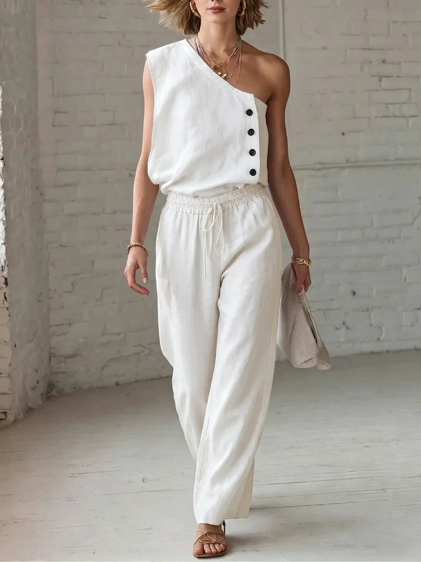 

Two Piece Set Women Outfit 2026 Spring Summer New Slanted Collar Off Shoulder Single-Breasted Vest & Elastic Waist Pants Set