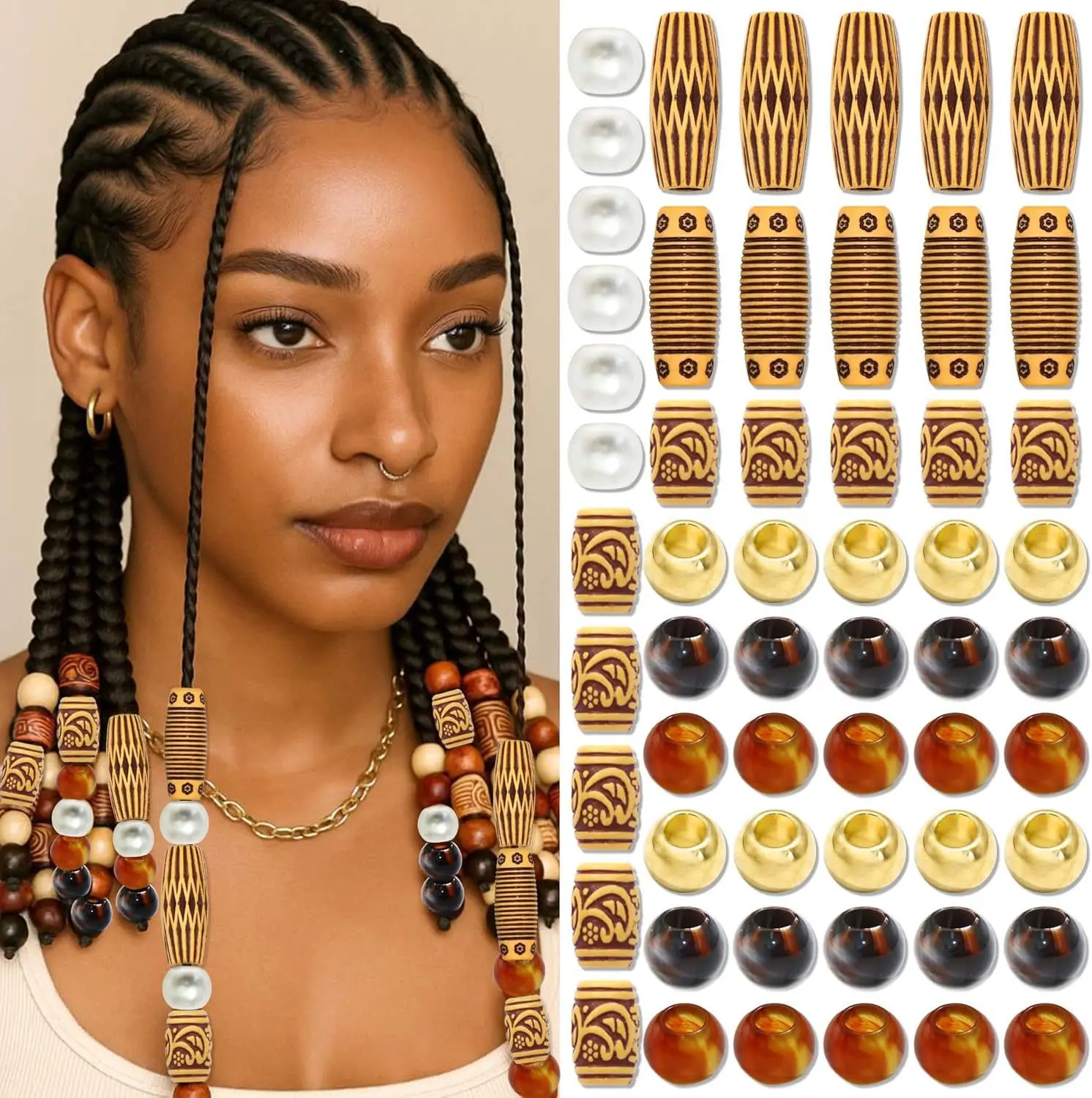 

Imitation Wood Beads 60pcs Tribal Style Large Hole for Dreadlock DIY Braid Hair Extension Vintage Decor Set Home Party