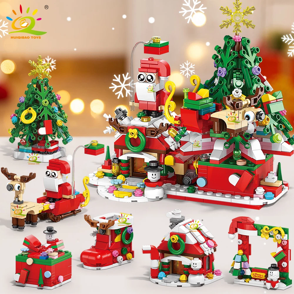 HUIQIBAO 6in1 Christmas Tree Santa Claus Snowhouse Model Building Block DIY Elk Snowman Train Bricks Ornament Toys Adult Gift