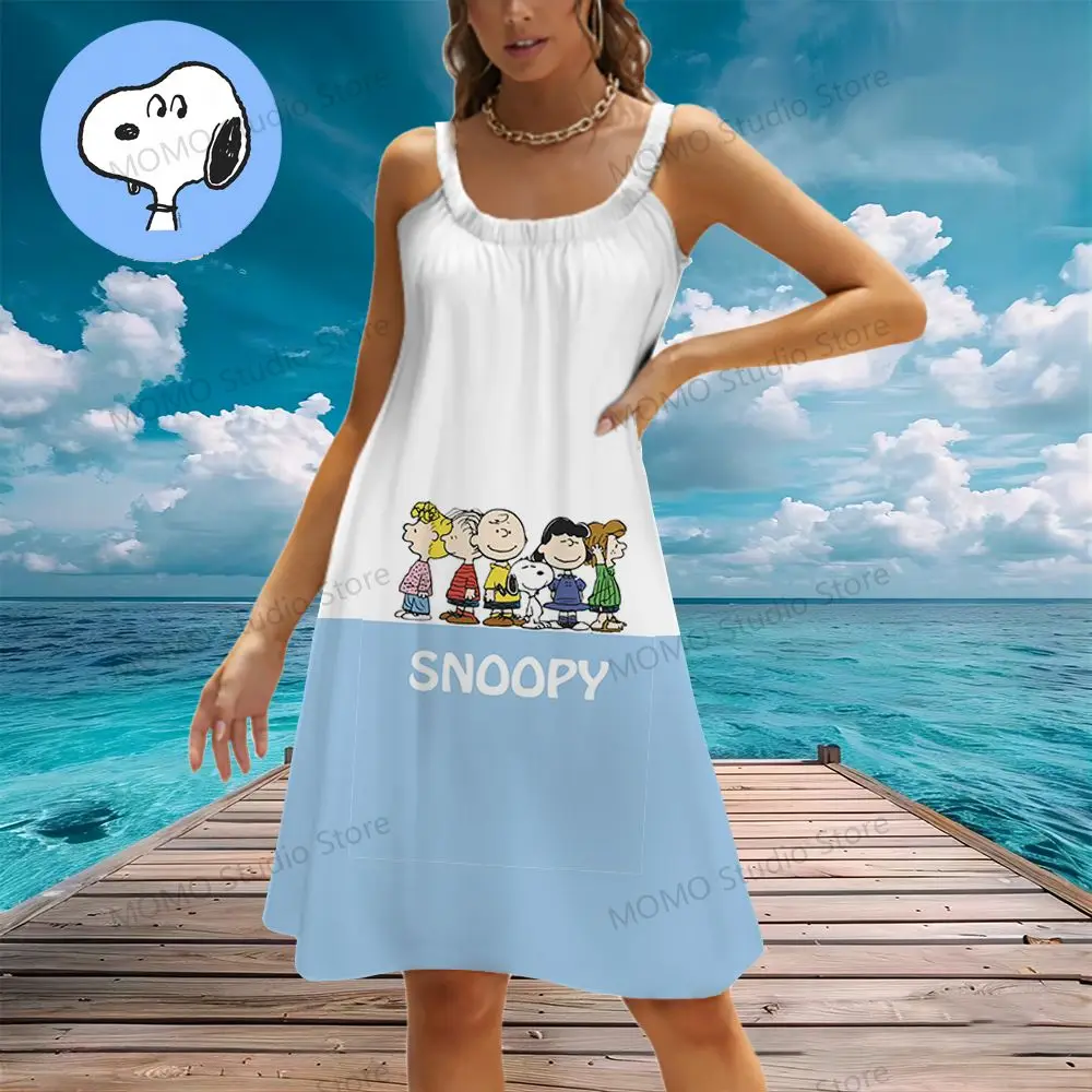 Kawaii Snoopy Women's Beach Dresses O Neck Sling Y2k Summer Boho New Dress S-3XL 2024 Fashion Elegant Sexy Young Girls