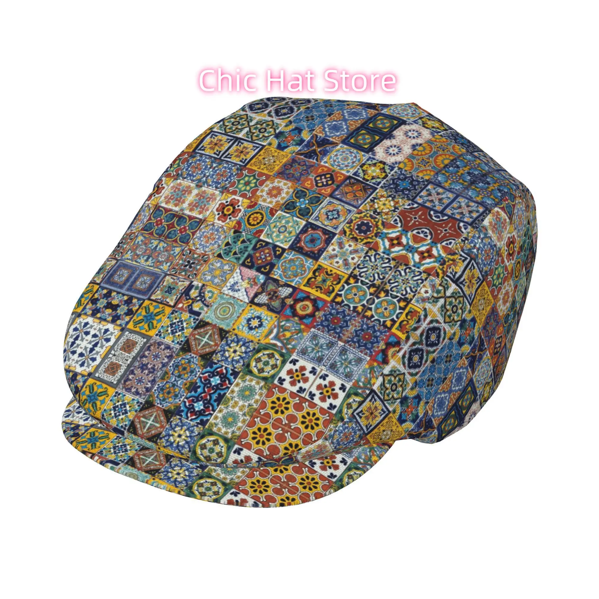 1pc Art Deco Tile Mosaic All-Over Print Flat-Top Hats for Men And Women, Newsboy Caps, Berets, Irish Hats, Driver Caps, Retro Ha