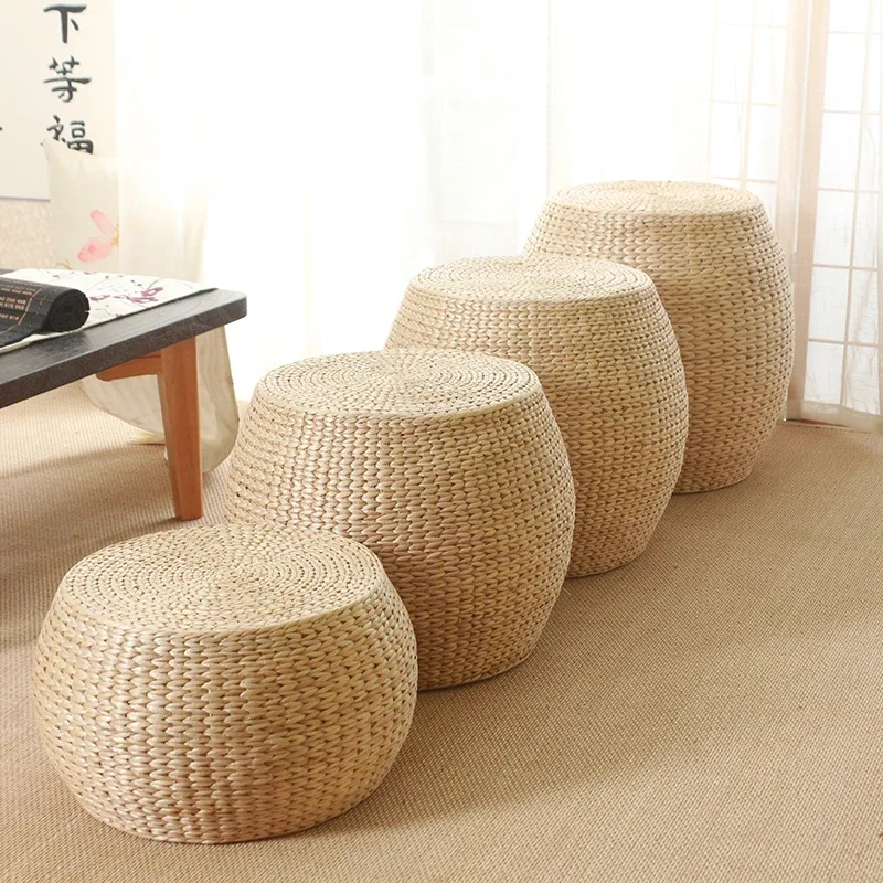 31x31x20cm Japanese Style Round Footstool Rattan Woven Stool Small Non Slip Seat Bench Cushion Floor Pouf Straw Mat Home Decor