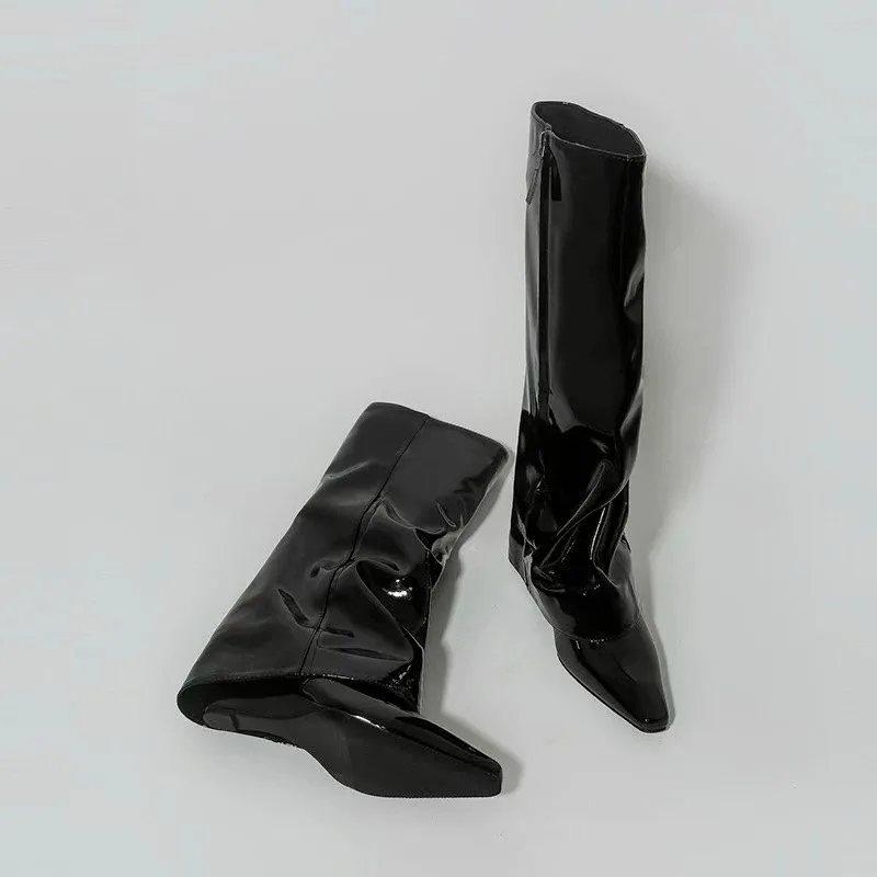 Pointed Toe Long Boots Women's Autumn New Style Large Calf High Slim Straight Leg Tube Boots Slope Heel Knight Boots