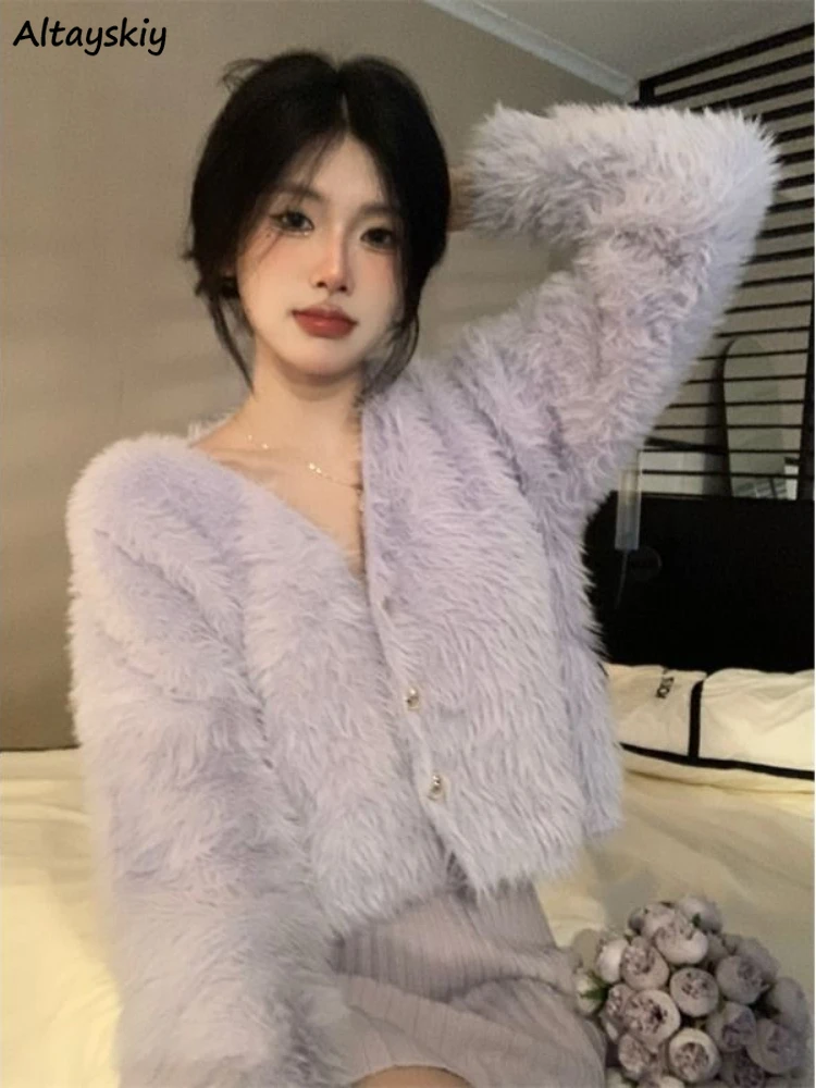 Autumn Winter Cardigan Women Fluffy Short Loose All-match Gentle Soft Chic Female V-neck Long Sleeve Coats Korean Style Ins New