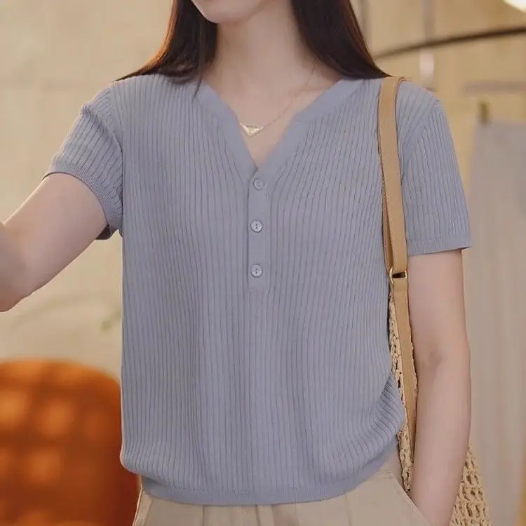 Twist Knit Short Sleeve Popular High-End Knitted Shorts V-neck Solid Slimming Korean Thin Sweet Inner Wear Temperament Z86