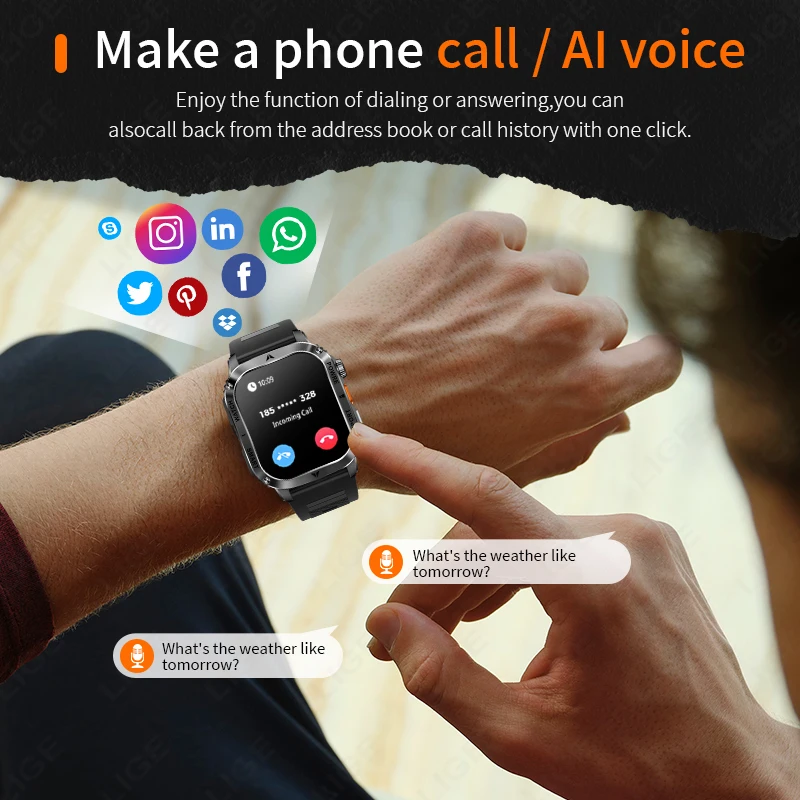 LIGE 新軍事スマートウォッチメンズ懐中電灯 400mAh 健康監視防水屋外スポーツトラッカー Bluetooth 通話スマートウォッチ