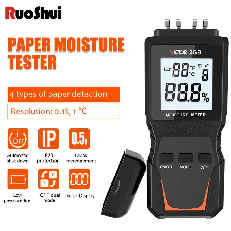 New RUOSHUI 2GB Digital Paper Moisture Meter Paper Moisture Tester Measurement LCD Hygrometer Higrometro Drywall Timber Detector