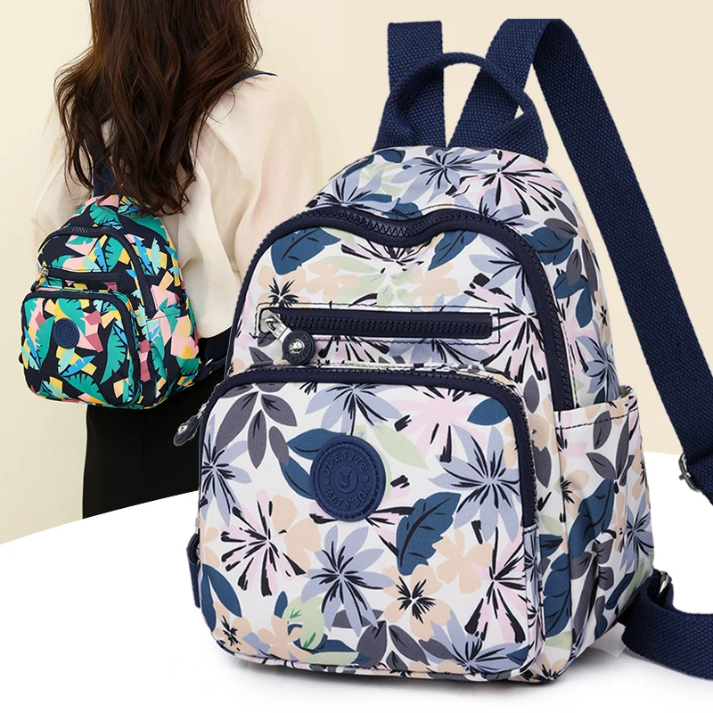 Small Women Backpack Nylon Girls Shoulder Bags Printed Flower Handbags Female Knapsack Ladies Daypack Rucksack School Bag