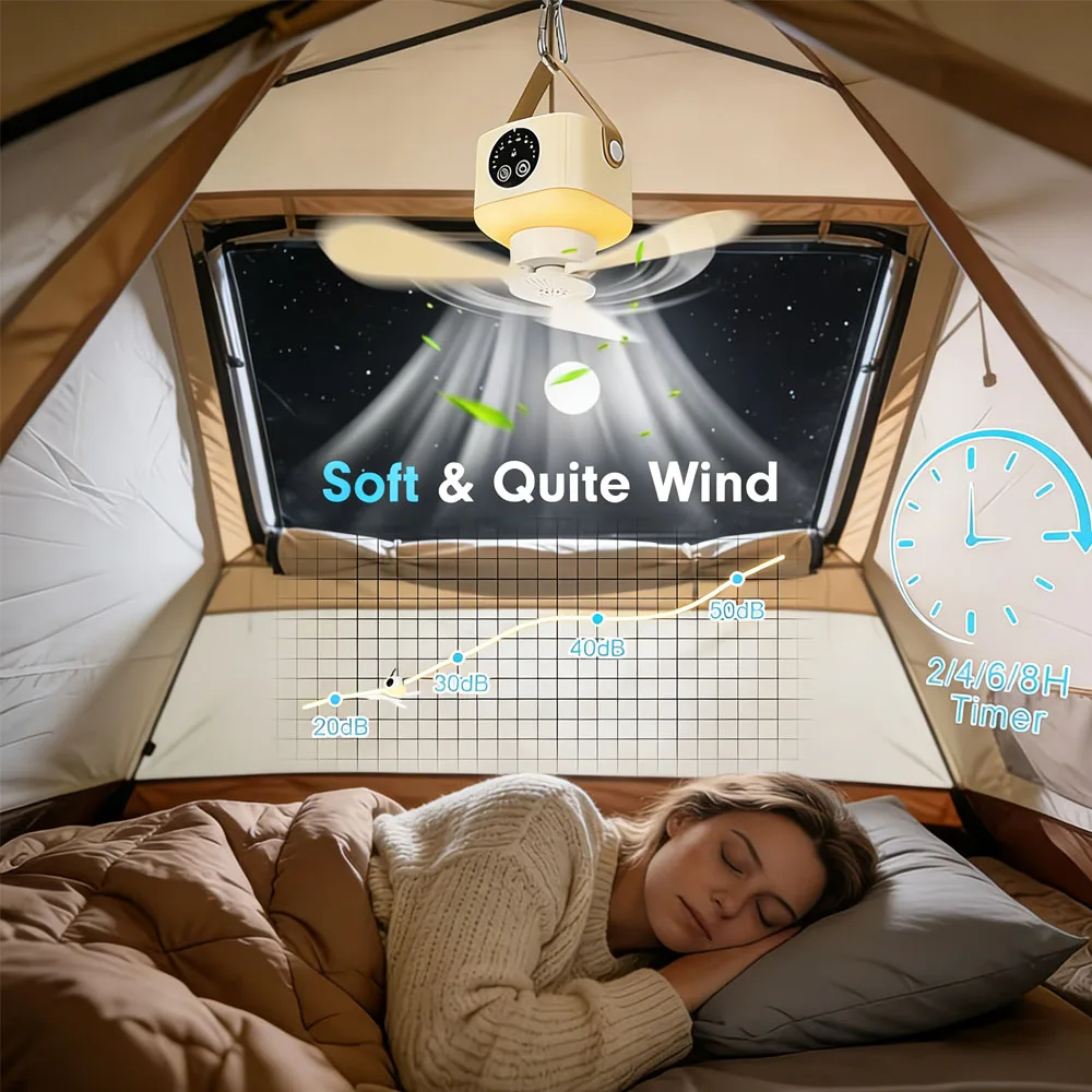 Portable Ceiling Fan with Light 3600/7200mAh 4 Speeds Timer USB Rechargeable Camping Fan with Remote Control Rooftop Tent Travel view 5