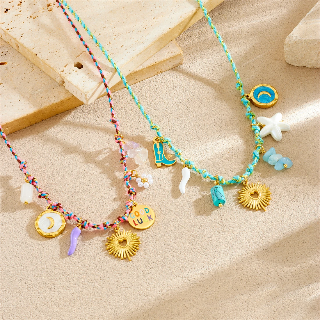 Stainless Steel Golden Heart Starfish Coral Boots Moon Pendant Necklace Lady New Blue Rope Chain Jewelry Glamorous