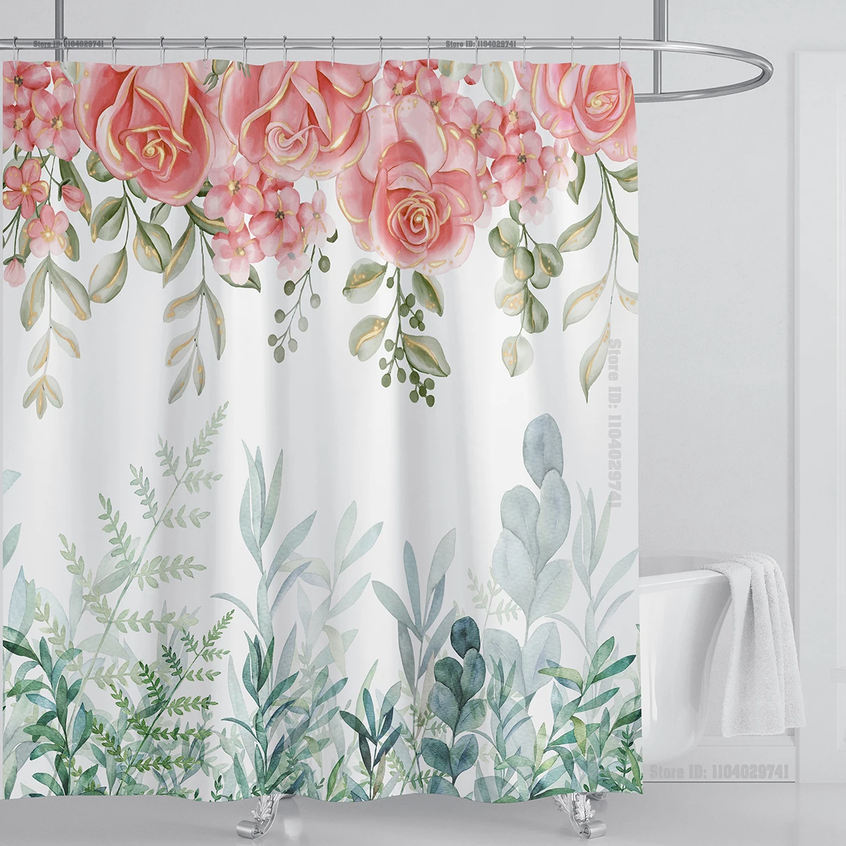 Watercolor Leaf Shower Curtain Sets Waterproof Plant Floral Shower Curtain Leaves Fabric Cloth Bathroom Curtains with Hooks