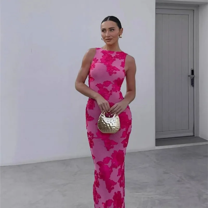 

New Chic 3d Flower Bodycon Maxi Dress Women's O-neck Sleeveless High Waist Split Long Dresses Summer Lady Vacation Robes