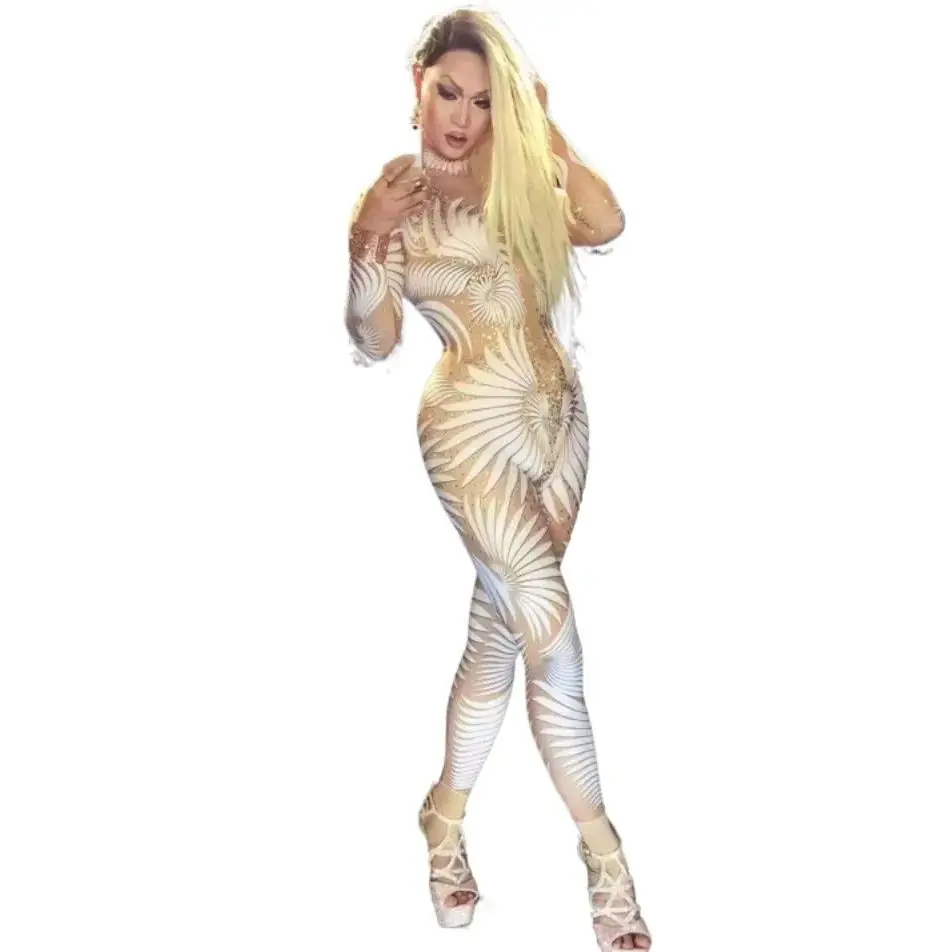 

Sparkly Stone Feather Print Jumpsuit Women Sexy Birthday Party Bodysuit Prom Dresses Pole Dancer Performance Costume Feibiao