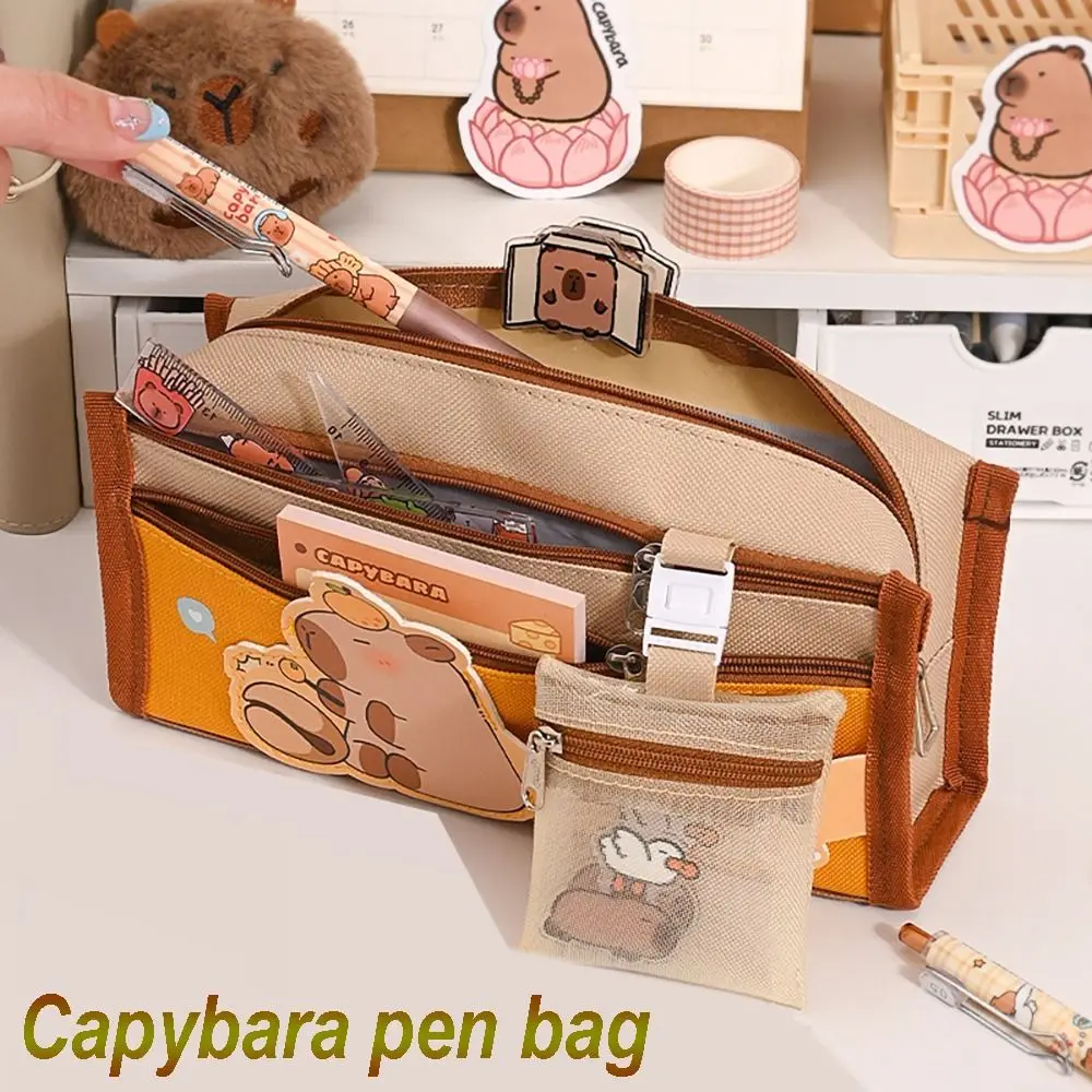 Capybara Pen Bag Canvas with Mesh Bag Stationery Storage Bag Large Capacity Multi-function Stationery Organizer Universal