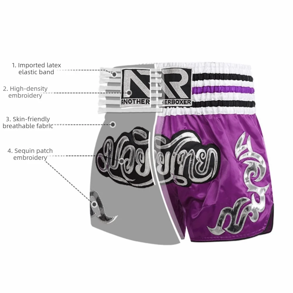 New Satin Material Muay Thai Shorts Embroidery Design Purple Color Boxing Shorts Classic Style Fight Shorts MMA Training