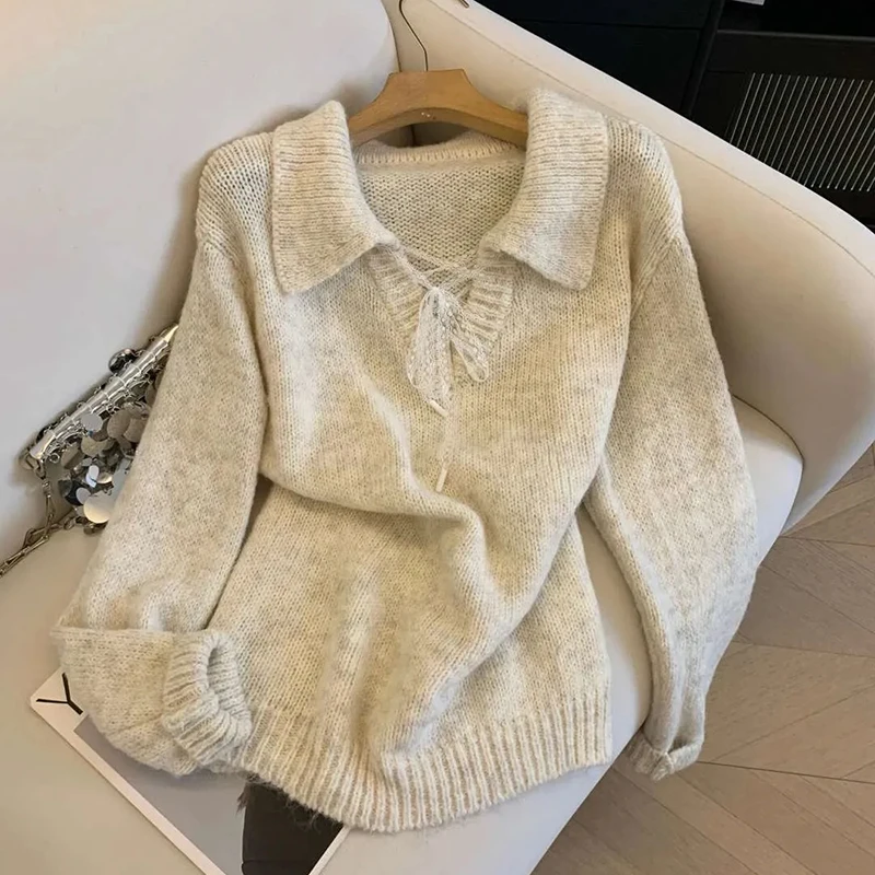 

Korean Fashion Lace Bandage Knitted Sweater Women Autumn New Loose All Match Pullovers Sweet Bow Casual Long Sleeve V Neck Tops