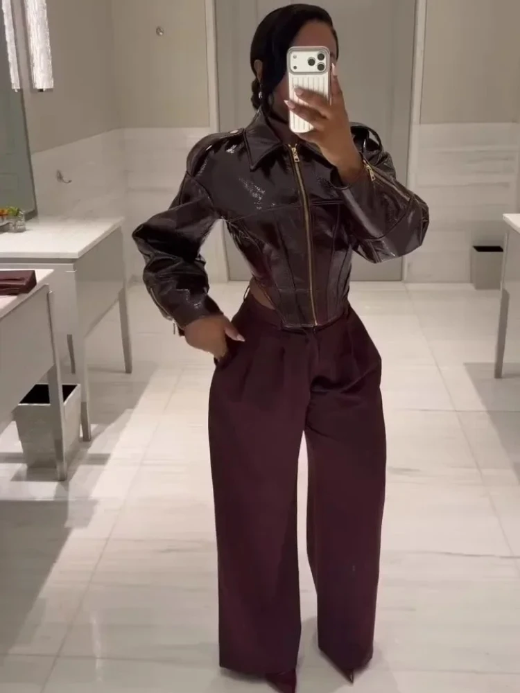 Short Coat Elegant Women's Leather Jacket Women Zipper Retro Coated Lady Leather Jacket Cinched-waist New Party High Street Coat