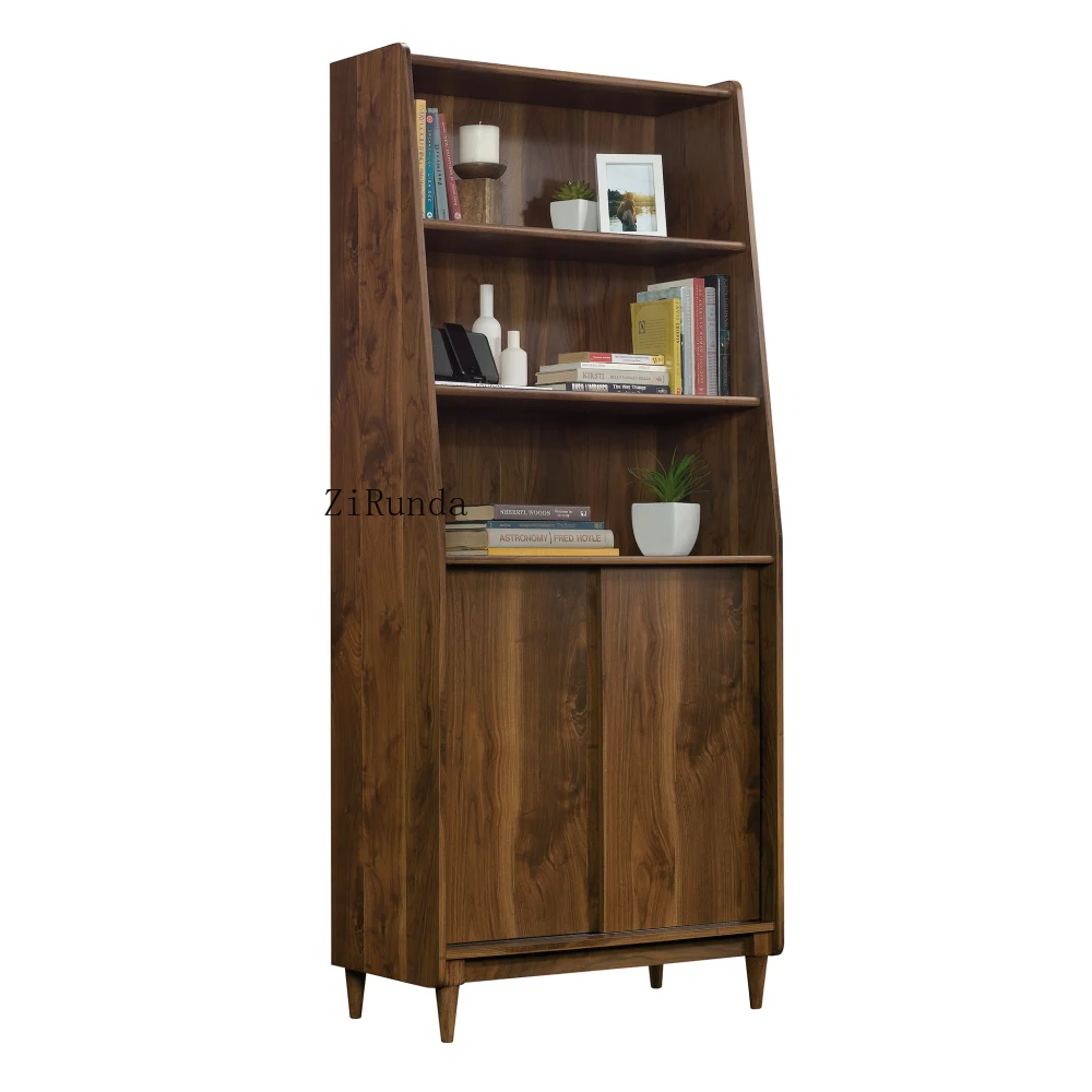 Mid-Century Modern Wide Bookcase with Storage, Brown finish Engineered Wood Mid-Century Modern