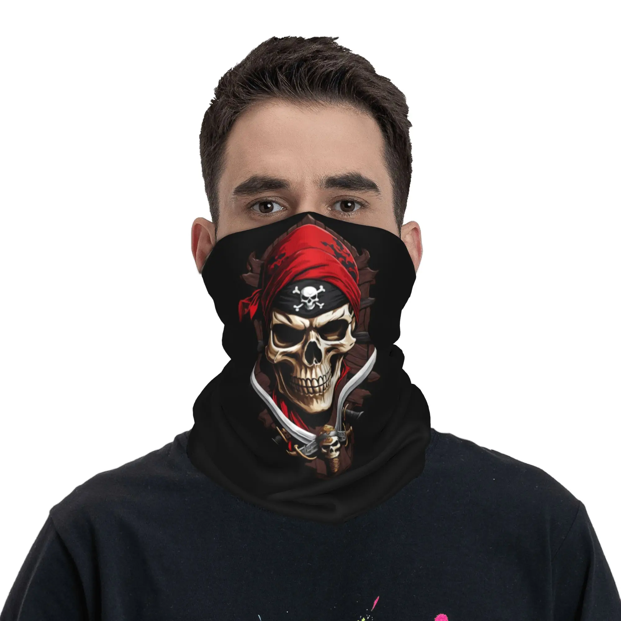 Pirate Skull With Red Bandana Bandana Neck Gaiter for Hiking Camping Men Women Wrap Scarf  Balaclava Warmer Face Scarf Cover