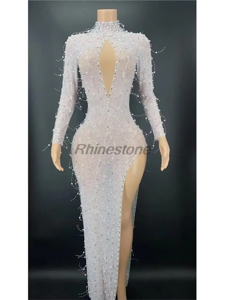 Customized Sexy Silver Rhinestone Sequins Long Sleeves Transparent Dress Evening Birthday Costume Women Dancer Show Outfit