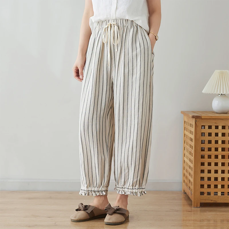 New Arrival Summer Women Ruffles Patchwork Striped Cotton Linen Ankle-length Pants Casual Loose Elastic Waist Harem Pants S94