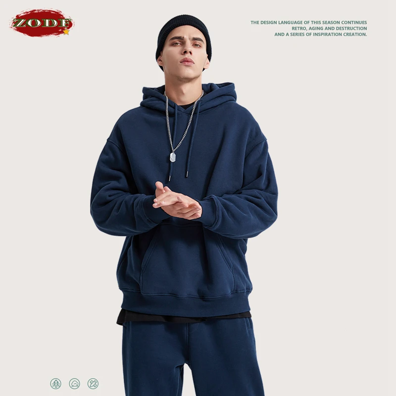 ZODF Brand New 2022 Winter Men 360GSM Fleece Hoodies Streetwears Unisex Loose High Street Solid Thick Hooded Sweatshirts HY0285