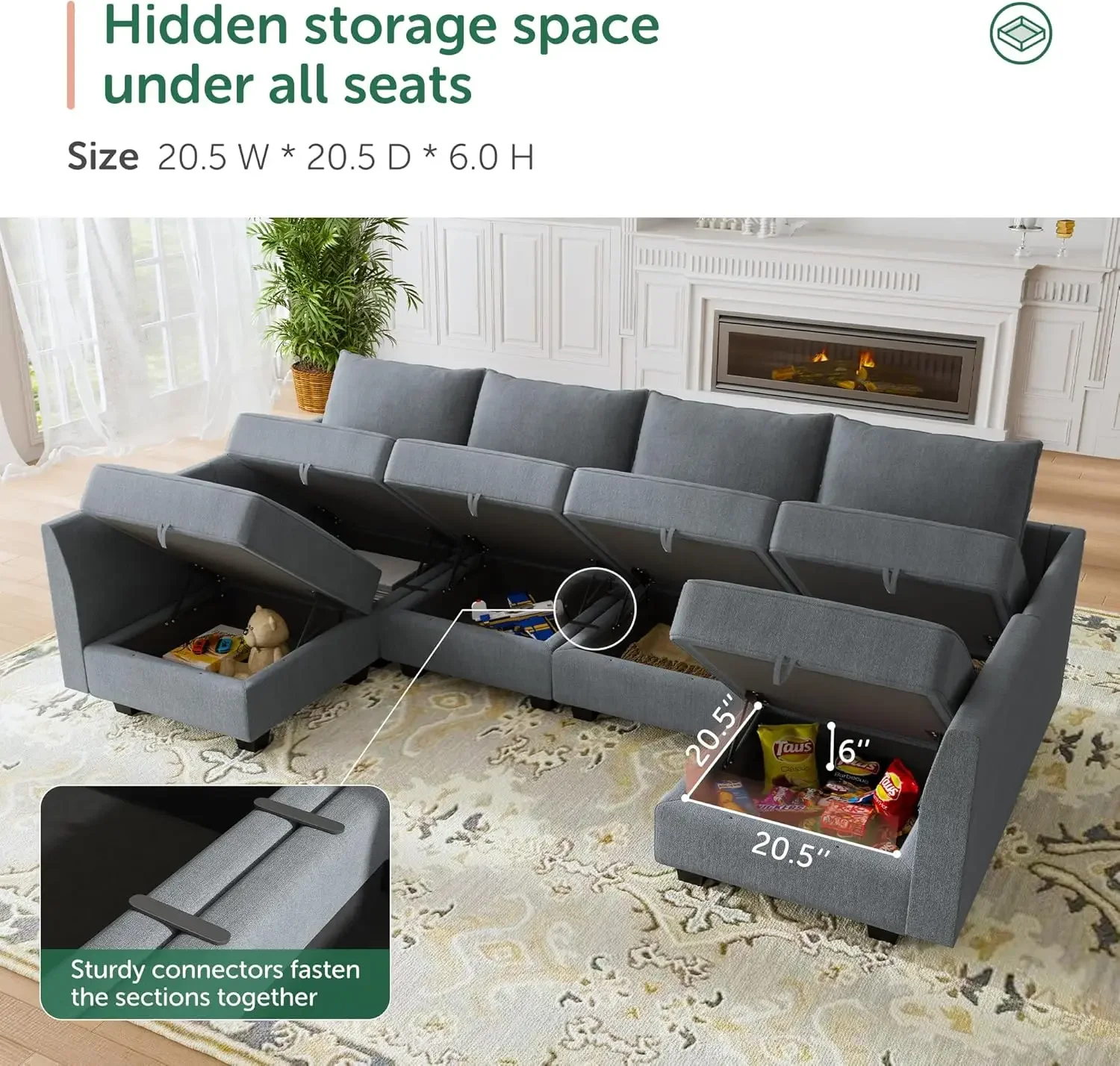 Sofa bagian Modular berbentuk U Sofa dengan Sofa Modular kursi bolak-balik dengan tempat penyimpanan, abu-abu kebiruan