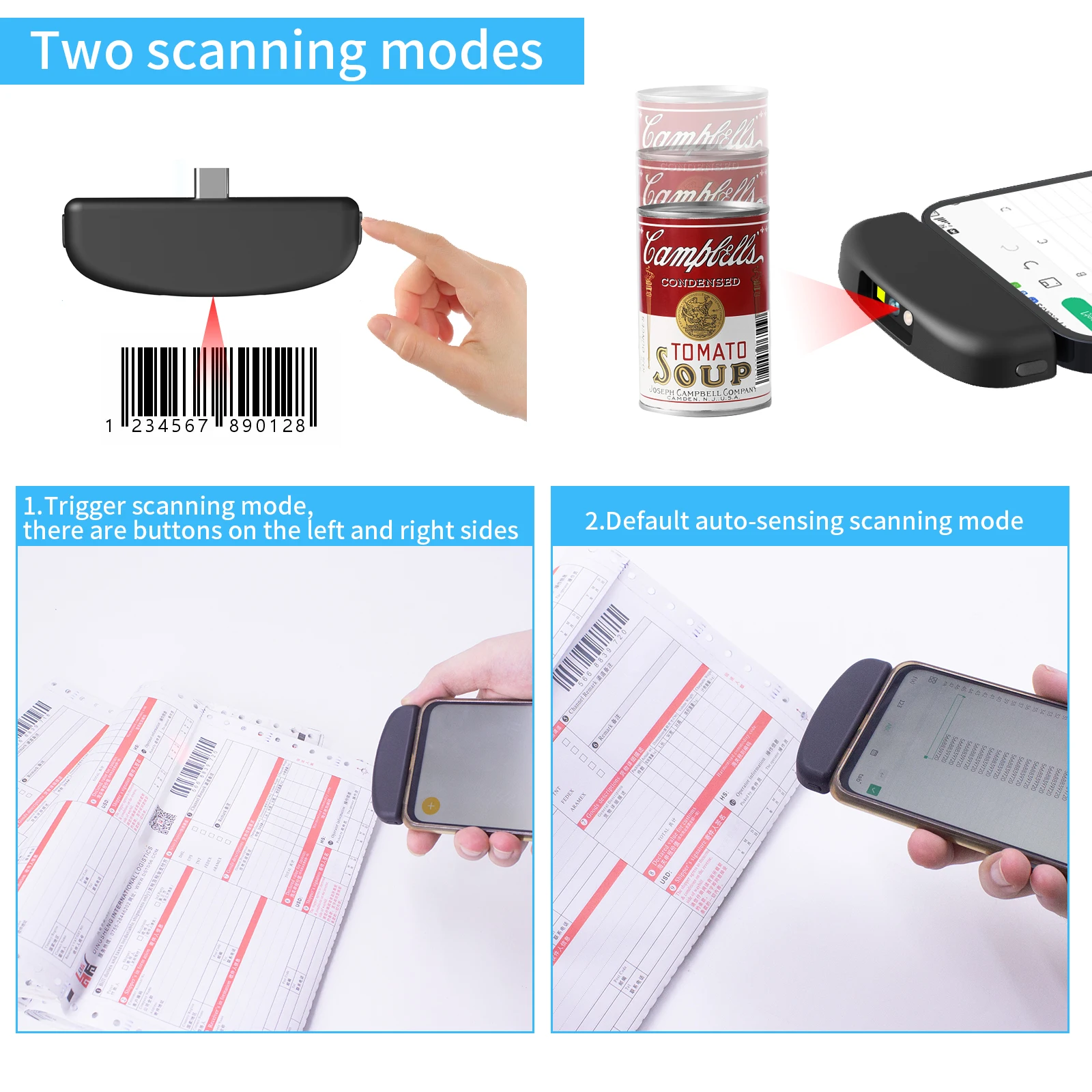 Imagem -05 - Mini 2d com Interface tipo c Phone Mate Barcode Scanner Preto Estoque Todos os Códigos de Barras 1d 2d e Código de Tela Cmos de 32 Bits