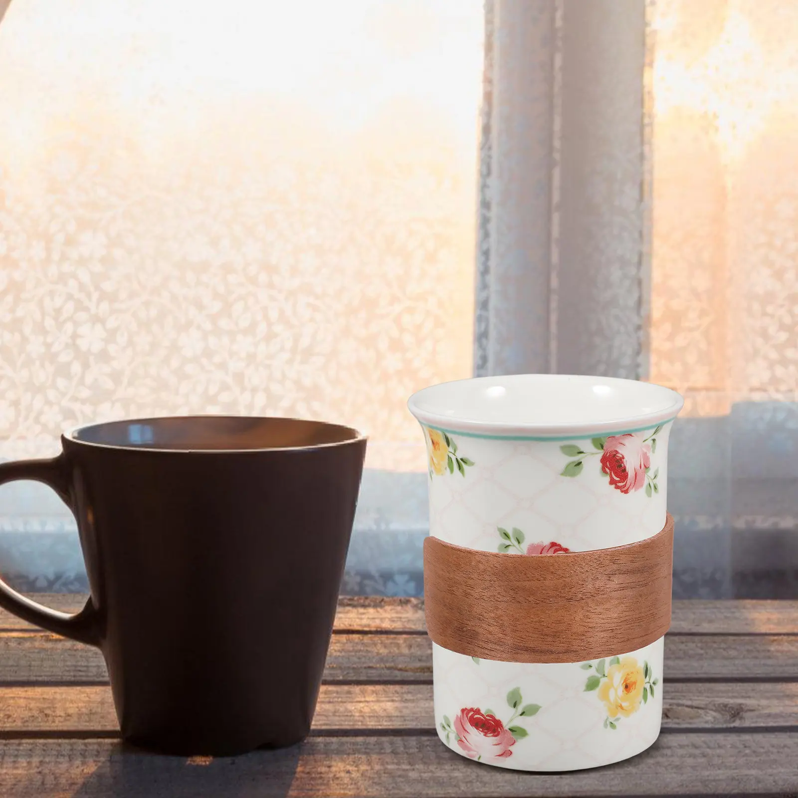 Sturdy Wooden Mug Sleeve Heat Insulation Protective Cover Elegant Grain for Coffee Tea Cups Water Bottles Decor
