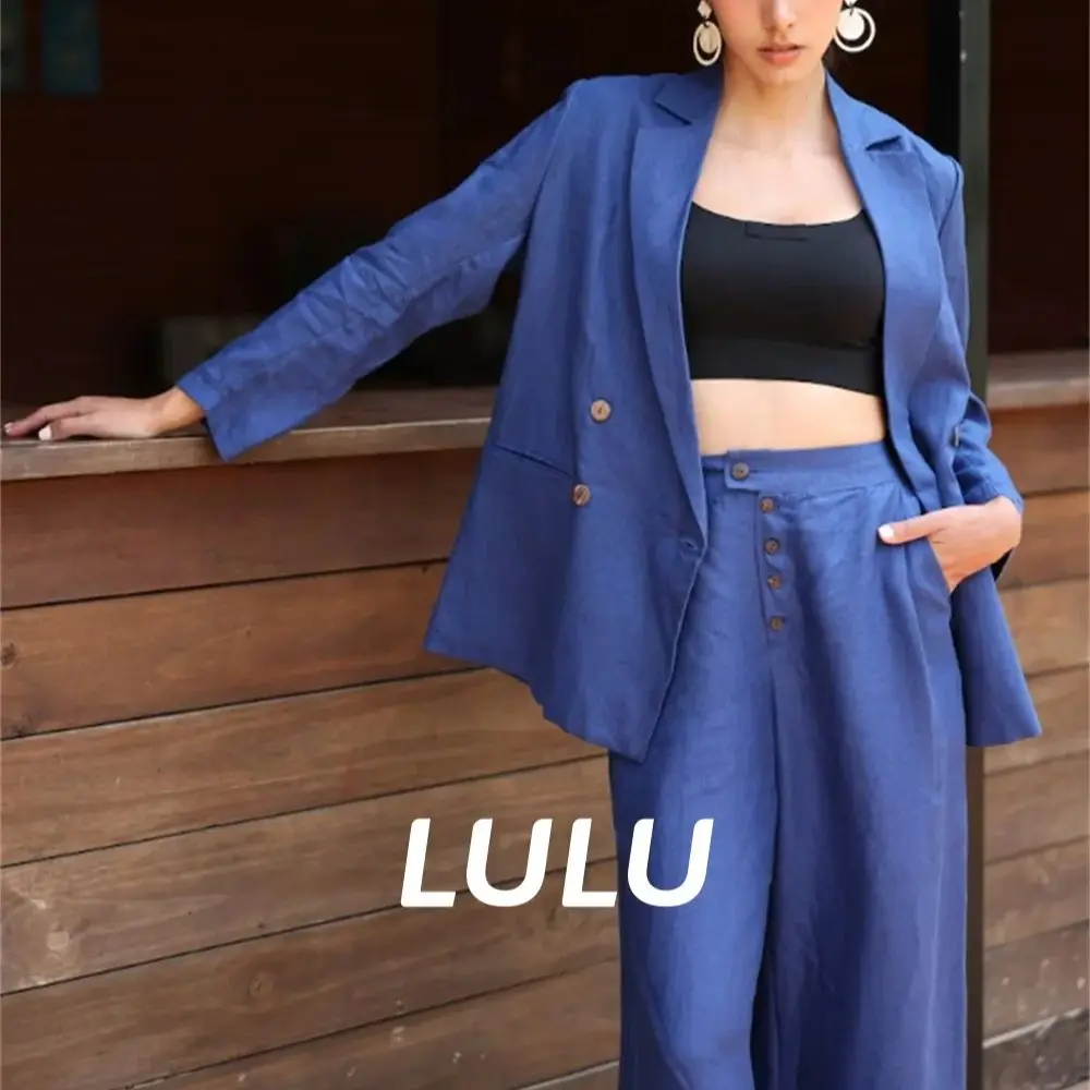 Suit For Women Linen Double Breasted Deep Blue Loose Fitting Summer Light Thin And Cool Minimal Style Plus Size Lady 2 Pieces