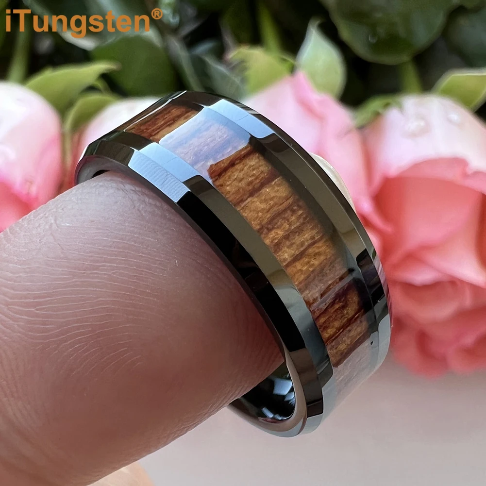 iTungsten 8mm Black Tungsten Carbide Ring for Men Women Engagement Wedding Band Rosewood Inlay Trendy Jewelry Comfort Fit