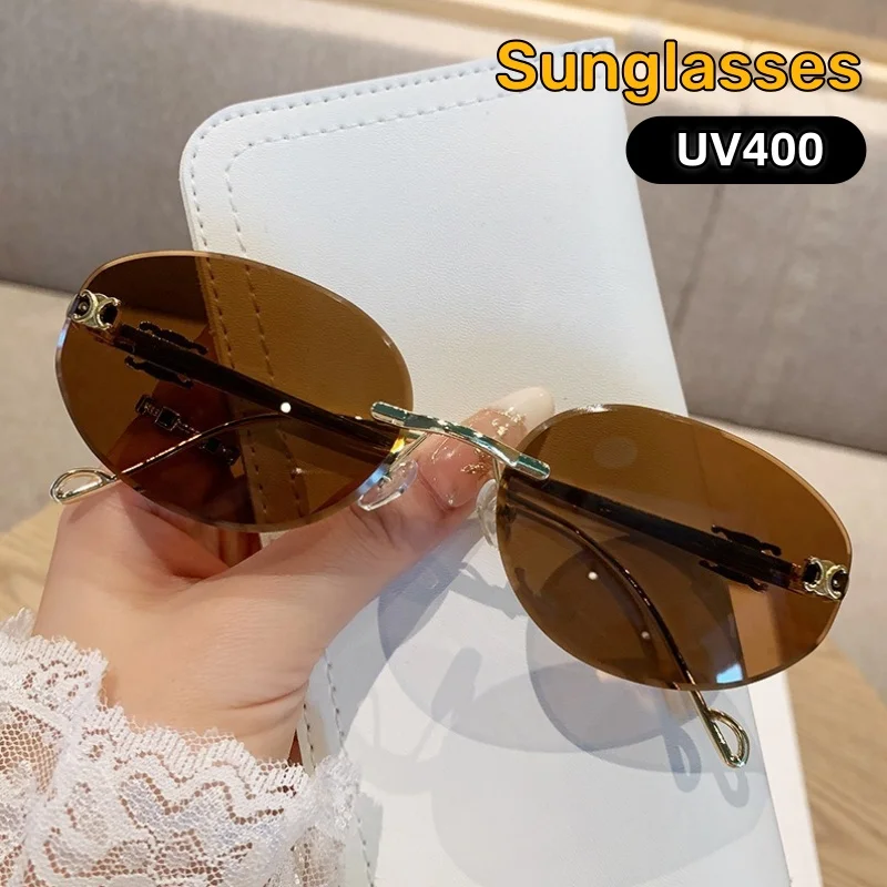 

Metal Frameless Oval Frame UV400 Sunglasses High-end Fashionable UV Resistant Travel Street Photography Shades Glasses