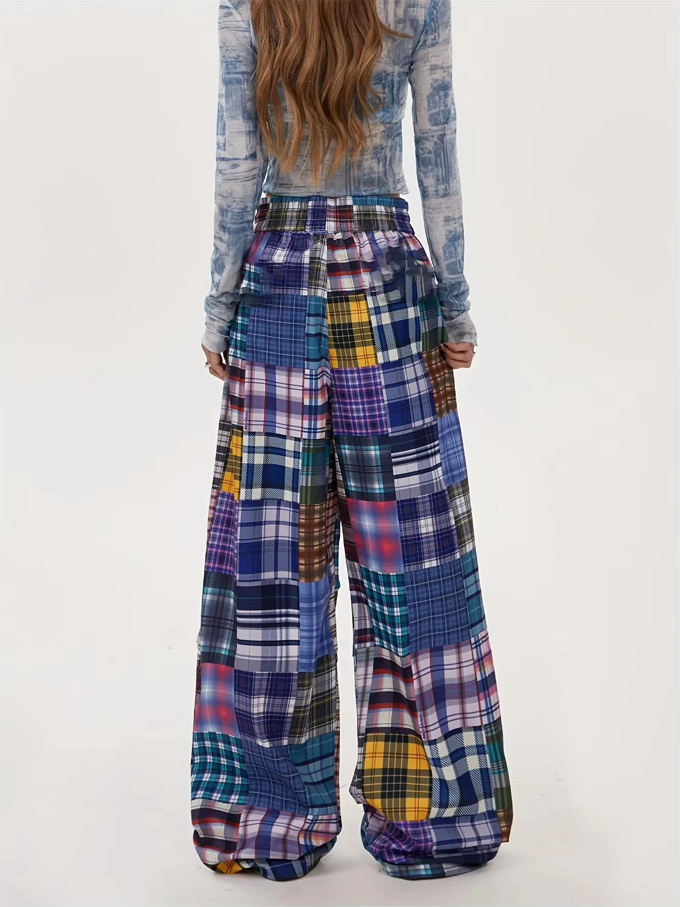 2026 Hotsale Women Patchwork Plaid Wide Leg Pants, Elastic Drawstring Waist Loose Baggy Y2K Streetwear Casual Trousers