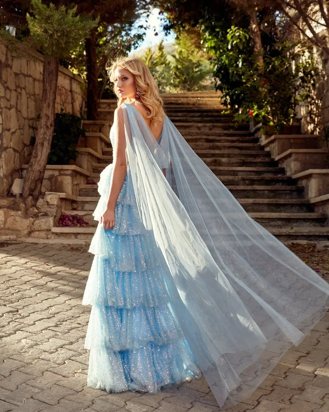 Sparkly Sequin Ruffles Prom Dresses with Cape Tiered A Line Fromal Occasion Dress Split Layered Sequin Graduation Party Gown