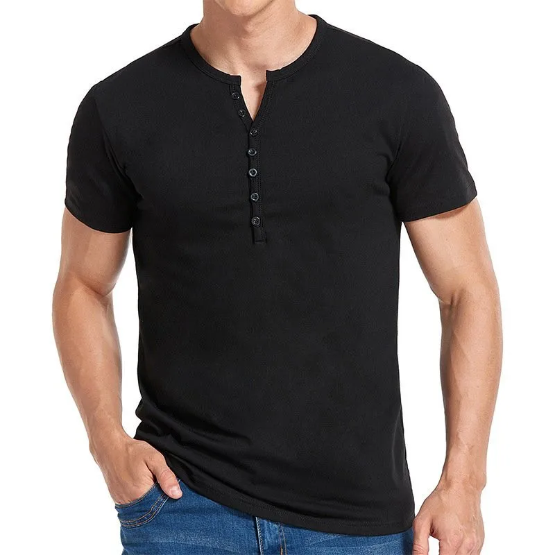 Summer Fashion Mens Black V Collared Short Sleeve T Shirts Man Oversized Solid Color Henry T Shirt For Men Camisetas De Hombre