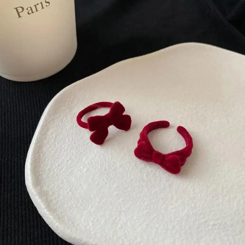 Fashion Cute Bow Flocked Open Adjustable Ring For Women Girls Engagement Party Travel Chic Matching Romantic Jewelry Accessories
