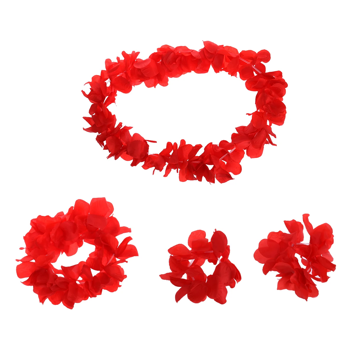 

4pcs Hawaiian Lei Garland Floral Wreath Crown Accessories Red Spring Headband Necklace Bracelets Travel Photography Prop